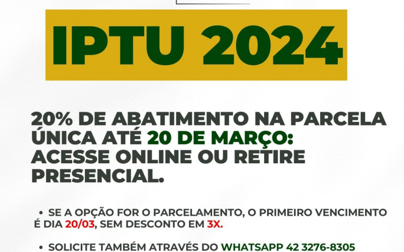 IPTU 2024: 20% de abatimento na parcela única até 20 de março; disponível também por WhatsApp